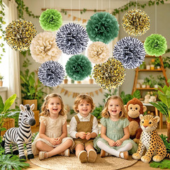 Jungle Safari Party Tissue Pompom Wild Animal Leopard Zebra Print Decor Sage Gre