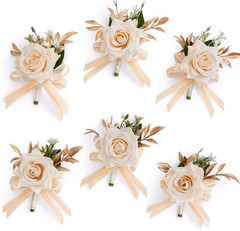 6 Pcs Champagne Boutonniere for Men Wedding, Groom and Best Man Boutonniere with