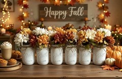 Set of 6 chalk painted distressed mason jar vases w/faux fall flowers included