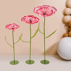 Set Of 3 Artificial Corn Poppy Floor Stems Dark Pink EVA Iron Bases