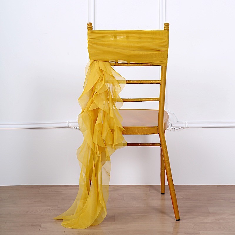 Mustard Yellow Premium CHAIR COVER with Curly Chiffon Ruffled SASHES Wedding