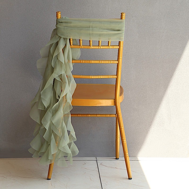 DUSTY SAGE Premium CHAIR COVER with Curly Chiffon Ruffled SASHES Wedding