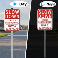 2 Pack Slow Down Sign, with 36″ Metal Stakes, 14″x10″ Reflective Aluminum sig…