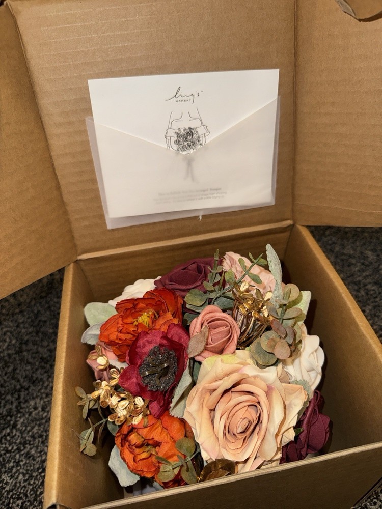 Ling’s Moment 9in Artificial Wedding Bouquet Terracotta Burgundy White Reusable