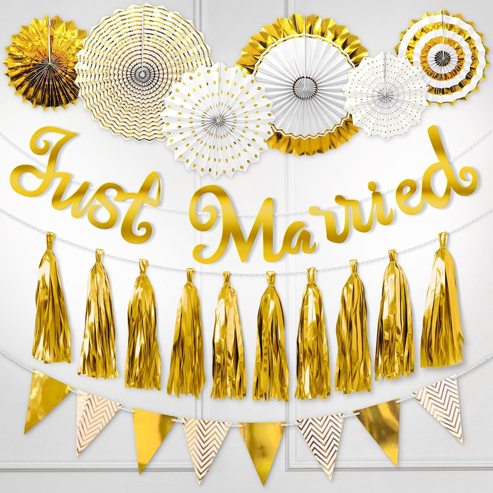 Wedding Decorations Set (Gold), Bridal Shower Decoration w/ Just Married Banner,