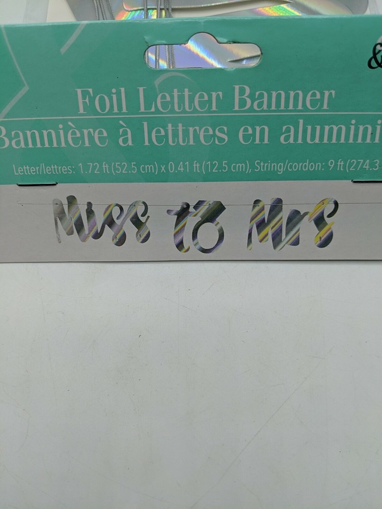 Silver Foil Letter Banner “Miss To Mrs” Bachelorette 1.75″x.41 letters/ 9ft cord
