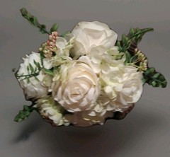 Ivory White Bouquet-5 Cabbage Roses, Hydrangea, Small Accent Berries, Greenery
