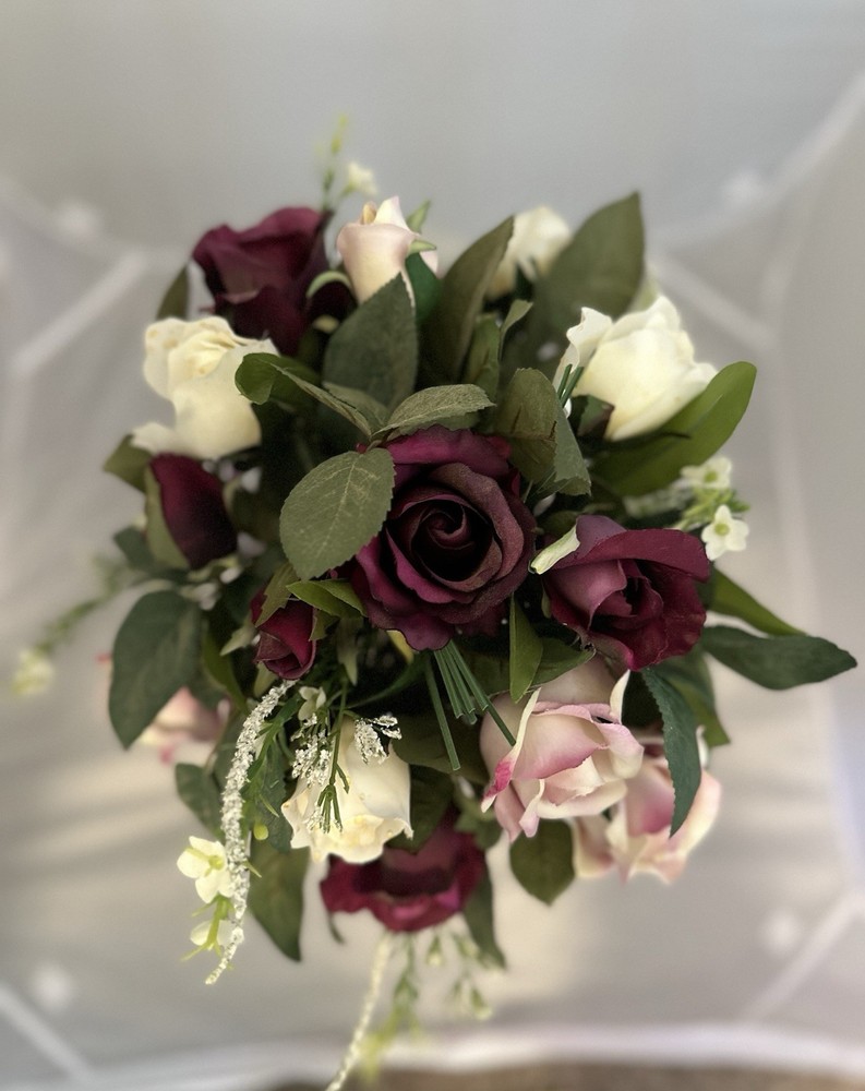 Elegant Artificial Rose Bouquet Burgundy, Cream & Blush Wedding, Home Décor