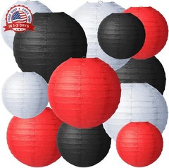 12 Pcs Round Paper Lanterns 4 Sizes 4-10 Inch Black White Red Decorative Hanging