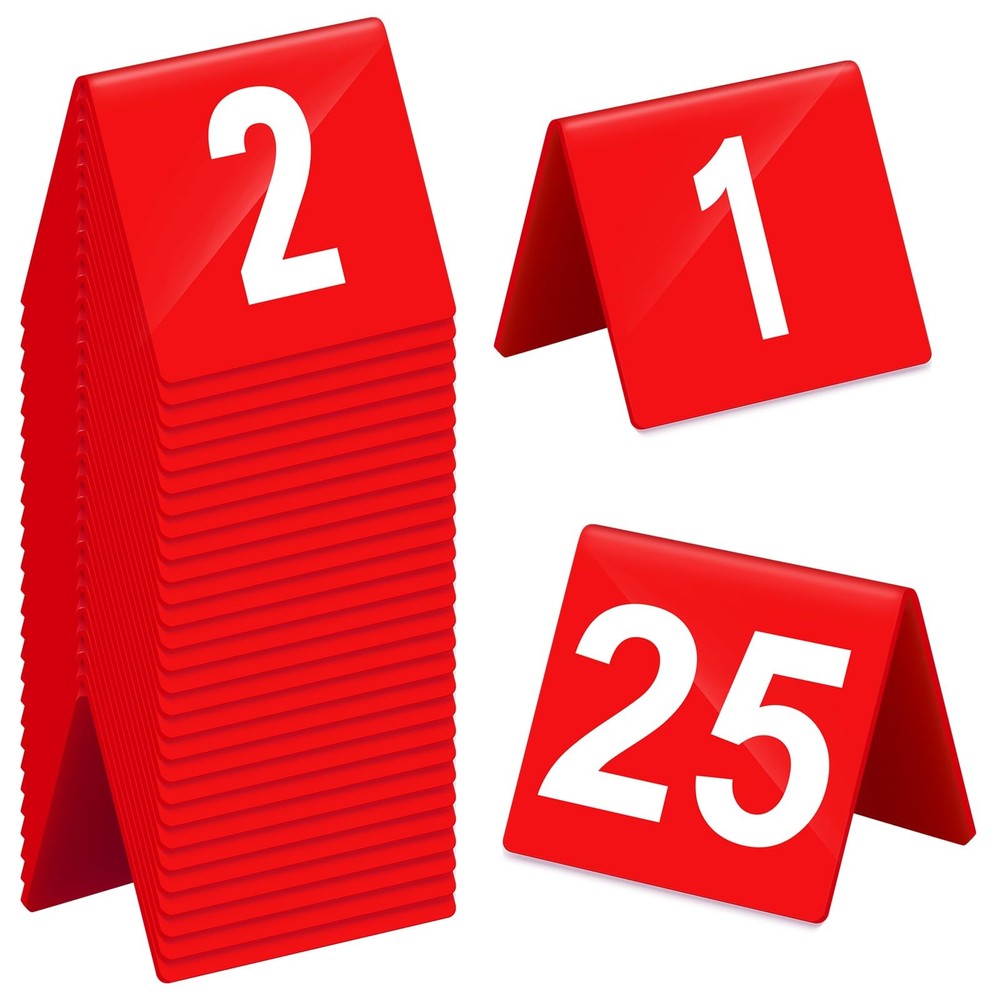 Tuanse Table Numbers 1-25 Acrylic Double 2.5 x 2.17 x 2 inches, Red, White