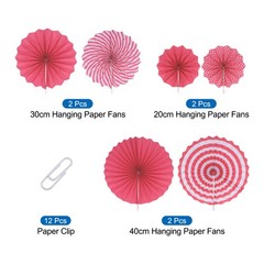 12Pcs Hanging Paper Fans Party Set Decoration for Birthday,Wedding Rose Red