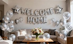 Welcome Home Letter Balloon Silver Banner with Star Confetti Balloons for Arm…