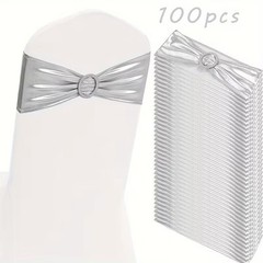 100 Chair Sashes Bows Silver Lame Stretch with Slider Buckle Party Wedding