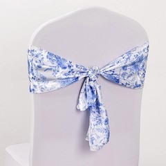 5 White Blue Floral Print Satin Chair Sashes Party Events Reception Decorations