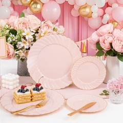YOUBET 125Piece Pink Plastic Plates with Gold Rim – Scalloped Plastic Plat