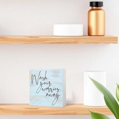 Funny Rustic Blue Wood Sign – Wash Your Worries Away – Wood Block Sign for Sh…