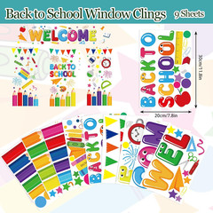 9 Sheet Back to School Window Clings Colorful Pencil Crayon Ruler Window Decals