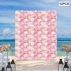 12PCS Artificial 3D Flower Wall Panel Wedding Backdrop Wall Decor Pink 15*15in