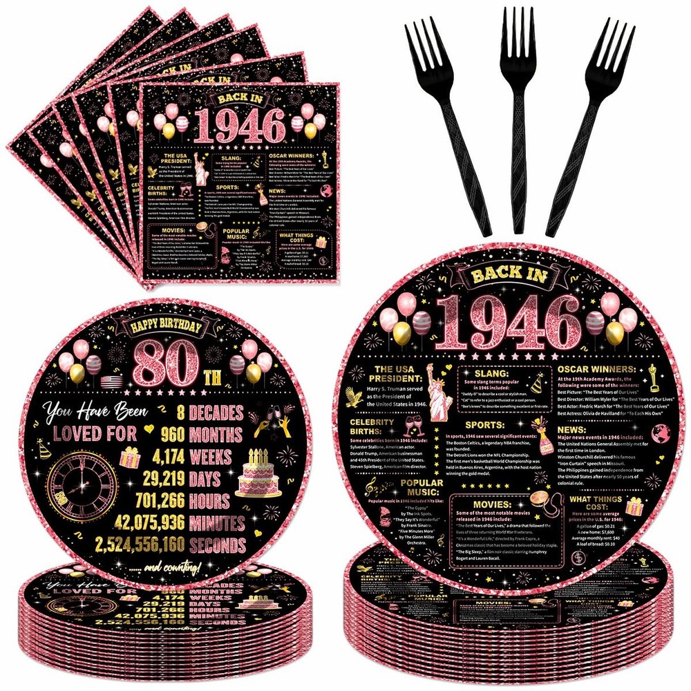 96Pcs 80th Birthday Decorations Women Tableware Set Rose Gold Back in 1946 Pa…