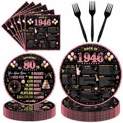 96Pcs 80th Birthday Decorations Women Tableware Set Rose Gold Back in 1946 Pa…
