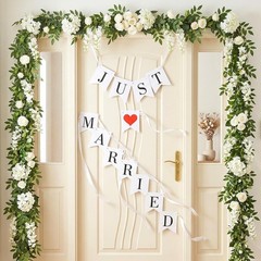Vintage Just Married Banner Wedding Bunting Sign Photo Booth Props Garland