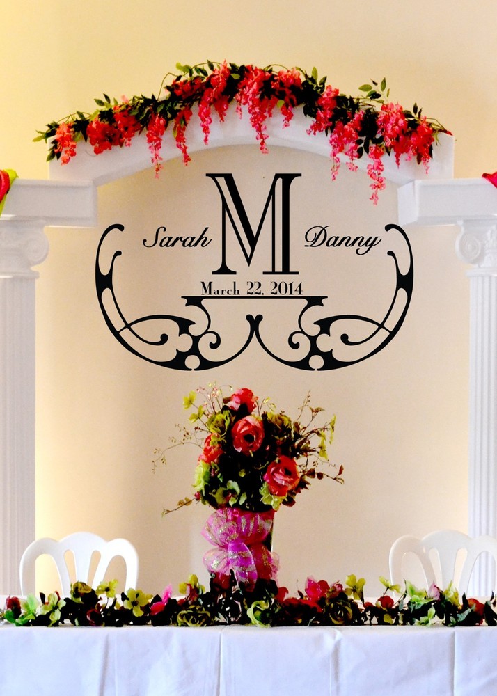 Elegant Wedding Monogram Custom Wall Vinyl Sticker Decal 30″h X 48″w