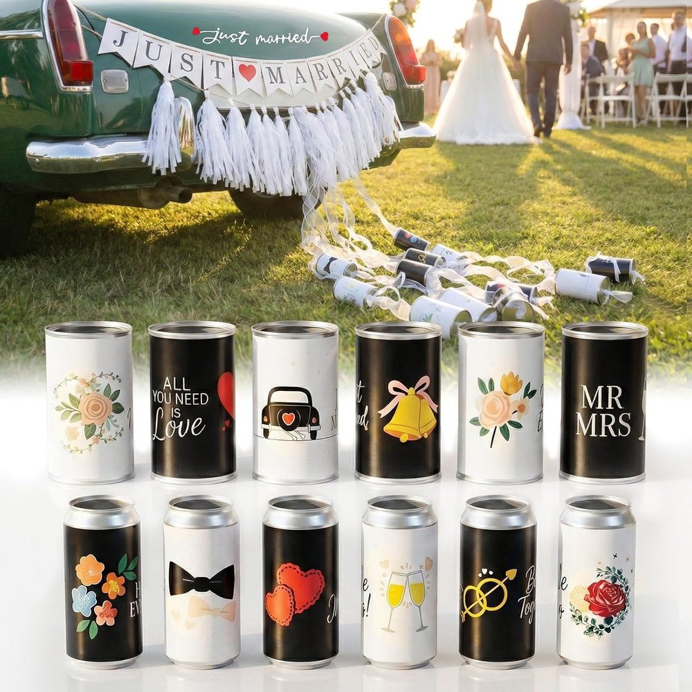 15 Pcs Just Married Wedding Car Decoration Kit – Black & White Handmade Aluminum