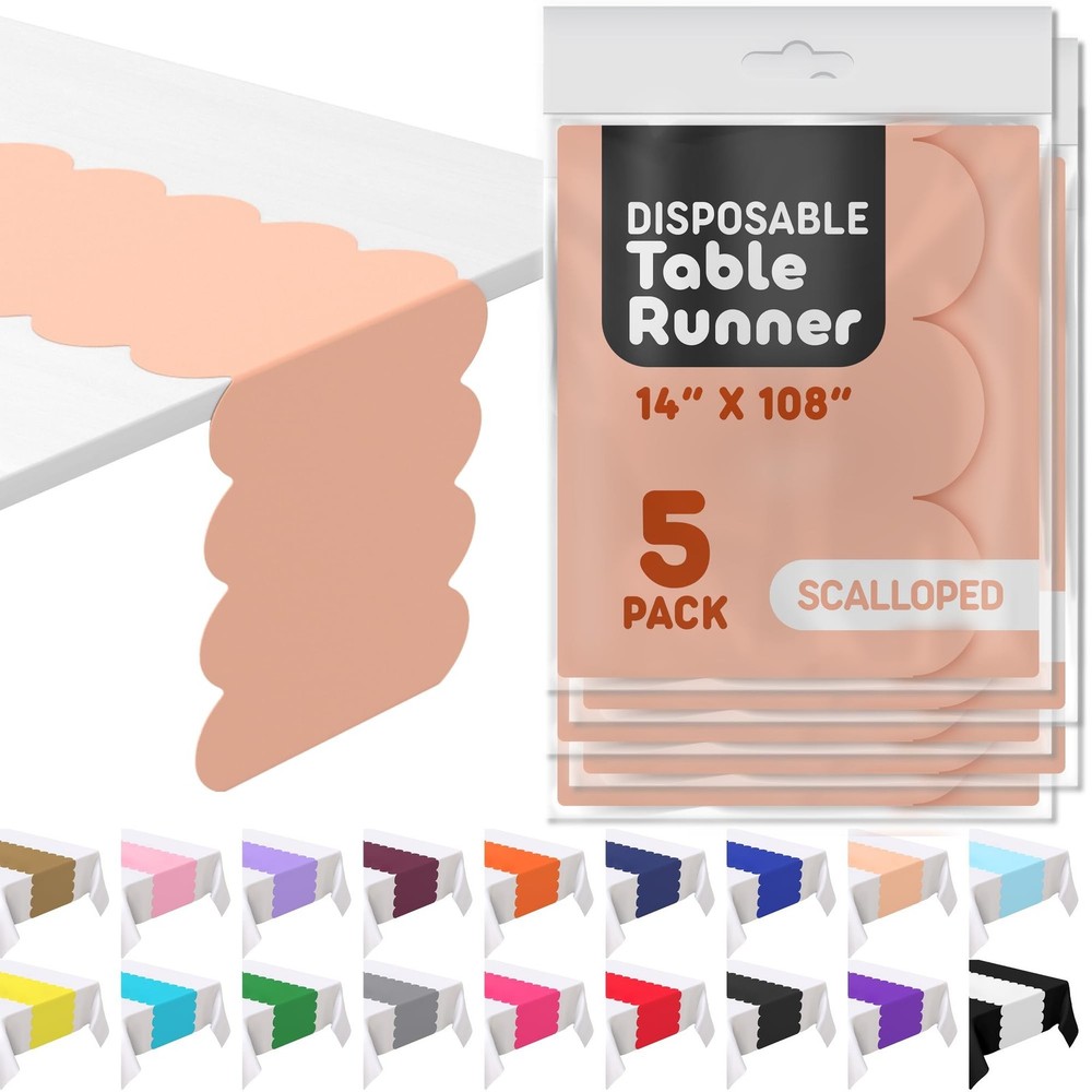 Peach Plastic Disposable Table Runner. 5 Pack 14 x 108 inch. Scallop Table Ru…