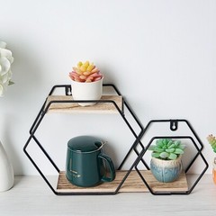 Black Natural 2 Tier Hexagon Metal Wood Geometric Floating Shelf Decorations
