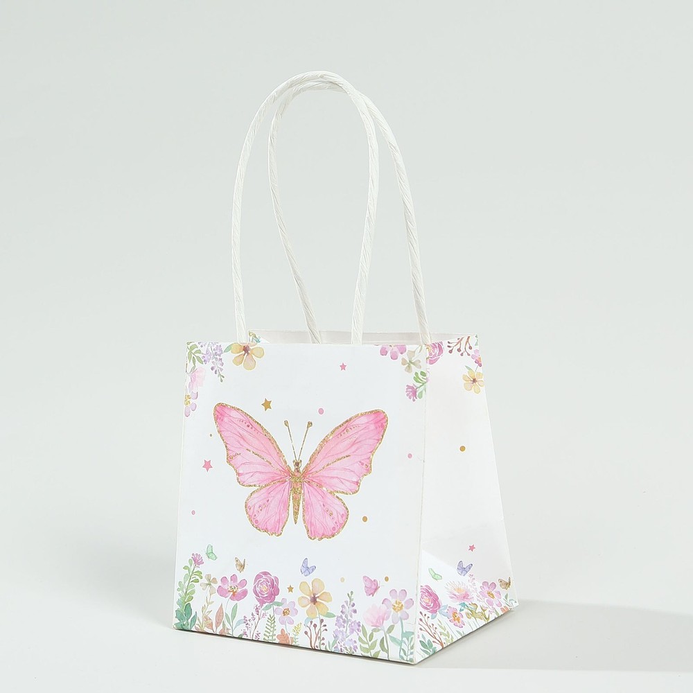 12 Pink White 4″ Glitter Butterfly Paper Gift Bags with Handles Party Events