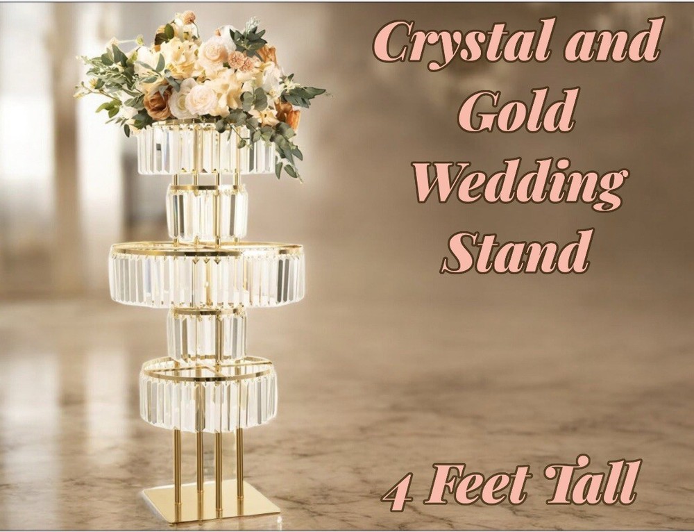 Wedding Centerpiece Gold and Crystal-5 Tier 4 Feet NEW in Box (Bigsee)