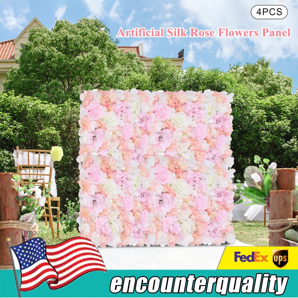 4Pcs Pink Artificial Silk Flower Wall Panel Wedding Party Venue Decor Backdrop