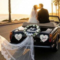 Just Married Car Decorations Set – White Floral Wreath with Long Tulle, Static-C