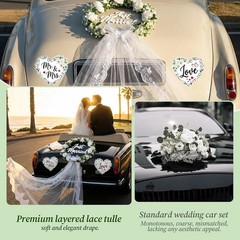 Just Married Car Decorations Set – White Floral Wreath with Long Tulle, Static-C