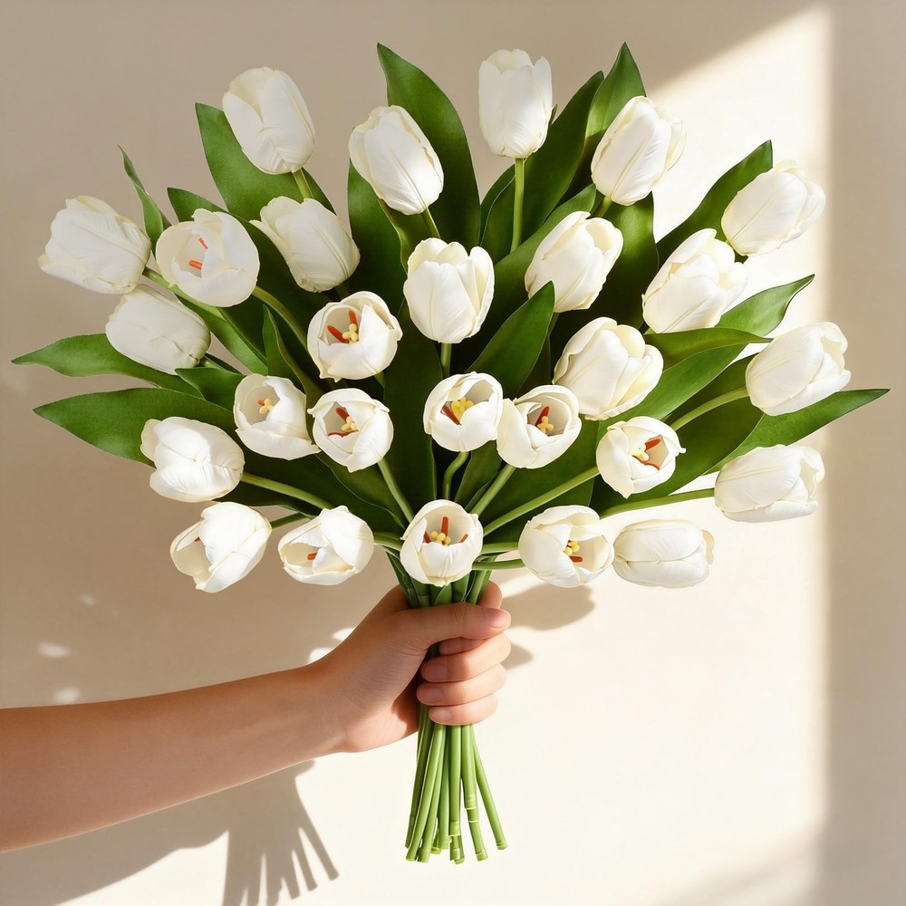 Livole 12 Pcs White Tulips Artificial Flowers Real Touch Tulips Fake Faux Tul…