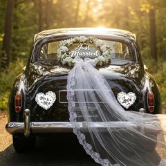 Just Married Car Decorations Set – White Floral Wreath with Long Tulle, Static-C