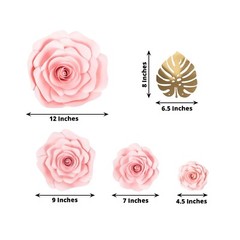 9 PINK 3D Rose Paper Flowers with Gold Monstera Leaves Wedding Decorations
