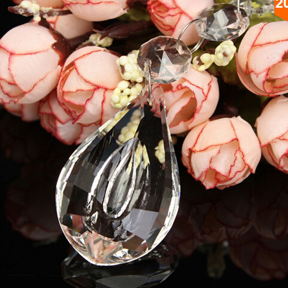 10Pcs Teardrop Crystal Glass Lamp Prisms Part Decoration Pendant +Octagon Beads