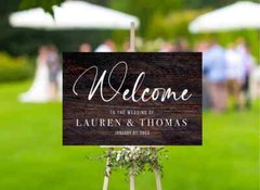 Custom Wedding Welcome Sign Dark Wood background Outdoor Indoor Sign For Gift