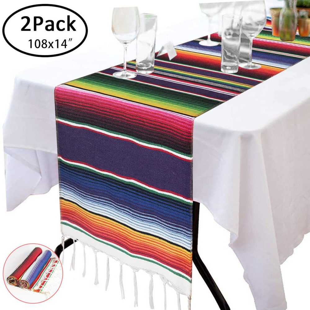 2Pack 14″ x 108″ Mexican Serape Table Runner Fiesta Party Decorations Tablecloth