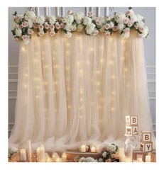Backdrop 12 panels 30x10ft Champagne Tulle Curtain+ Lights String + Flowers