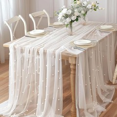 Pearl Table Runner Tulle Fabric Lace Tablecloth Beaded 63″ x 118″, 1pc White