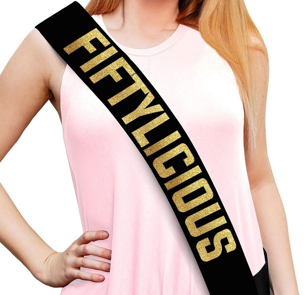 Fiftylicious Black and Gold Glitter Satin Sash – Happy 50th Birthday Party Su…