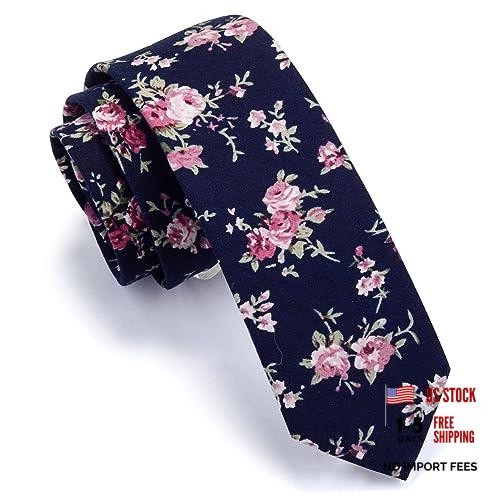 Fashion 2.4″（6cm） Floral Skinny Tie for Men Slim Flower Print Navy/Olive/Pink