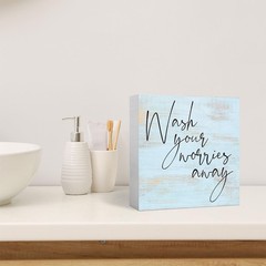 Funny Rustic Blue Wood Sign – Wash Your Worries Away – Wood Block Sign for Sh…