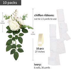 Set of 10 White Pew Flowers for Wedding Aisle Decorations with Ribbons