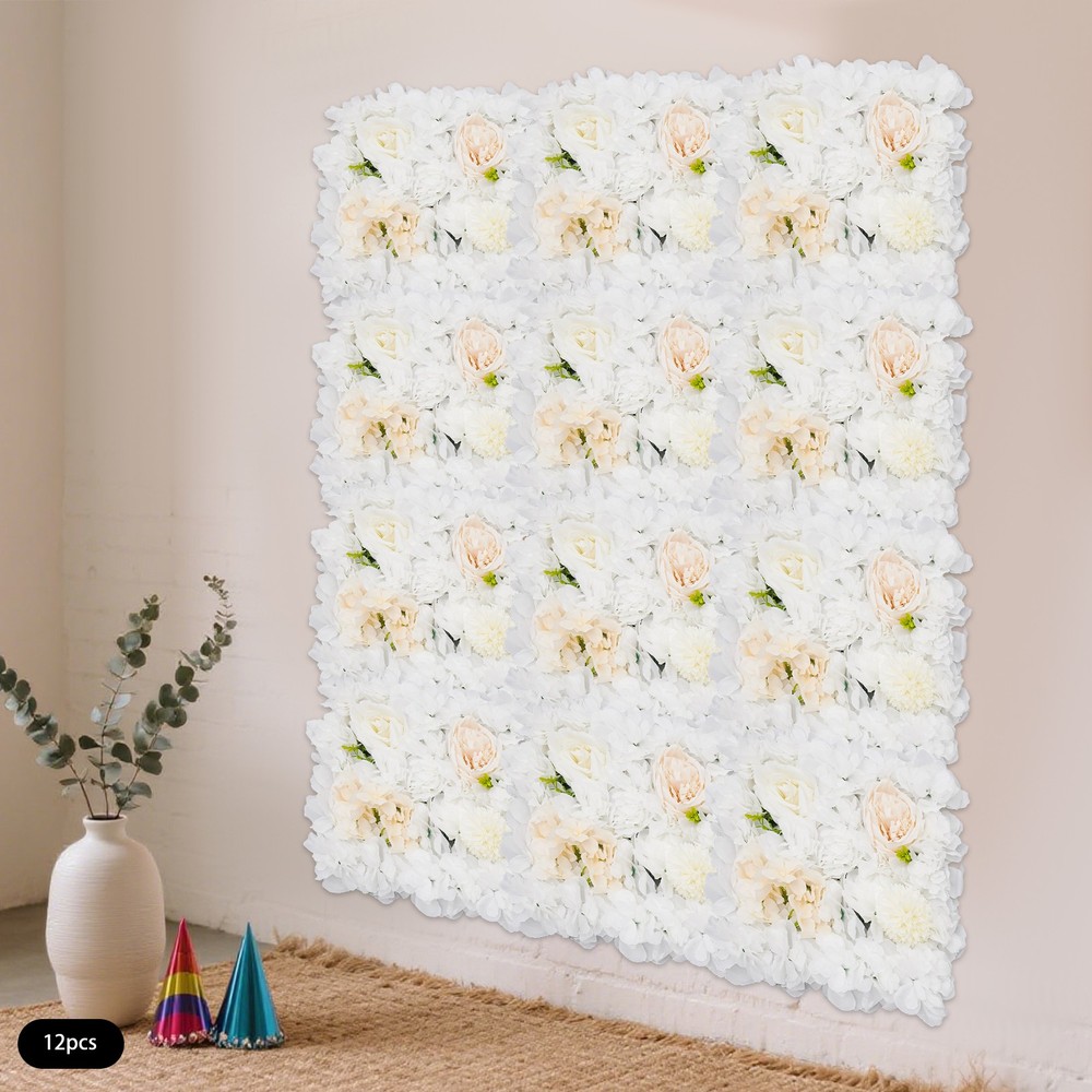 12Pcs White Artificial Flower Wall Panels 38x38cm Silk Floral Backdrop Decor