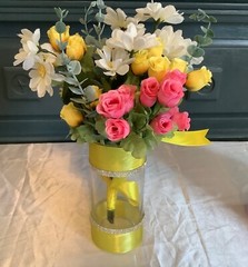 Bouquet holder/vase with satin ribbon and rhinestones….you pick colors