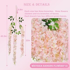 12 PCS Wisteria Hanging Flowers, 3.6ft Fake Wisteria Vines 12 Pack Light Pink