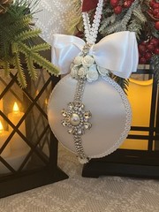 White Satin Wedding Keepsake-White Bows,Rhinestone Trim,Roses,Rhinestone Button